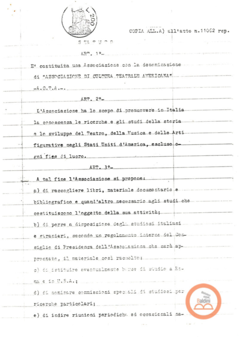 Statuto dell'Associazione di Cultura Teatrale Americana (ACTA), Teatro Club "Premio Roma".