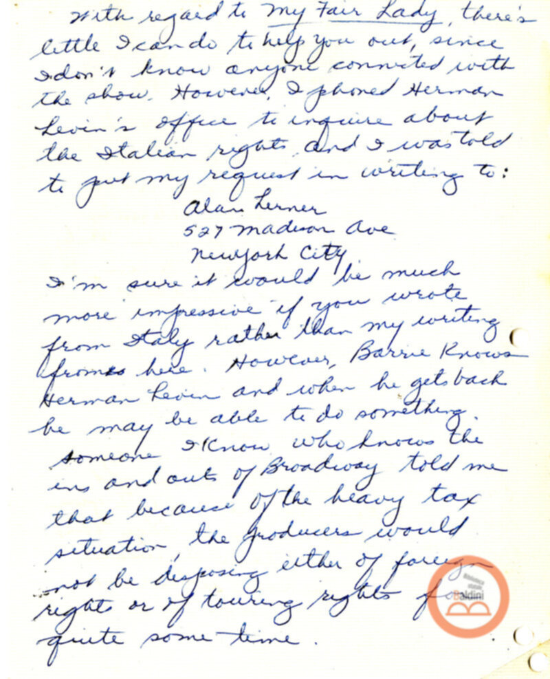 Lettera inviata da Barrie Stavis ad Anne d'Arbeloff allo spettaolo "The man who never died".