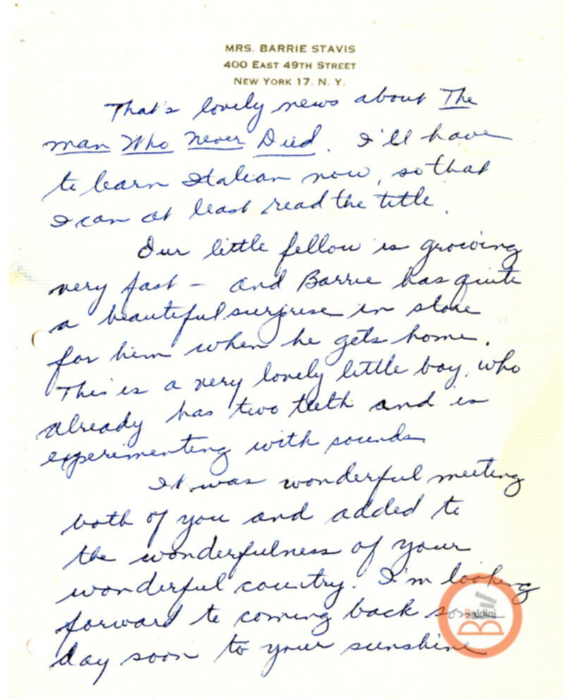 Lettera inviata da Barrie Stavis ad Anne d'Arbeloff allo spettaolo "The man who never died".