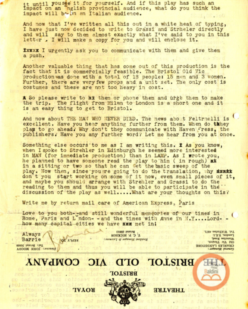 Corrispondenza di Anne d'Arbeloff e Gerardo Guerrieri con Barrie Stavis relativa allo spettacolo "Illumination of Versailles".