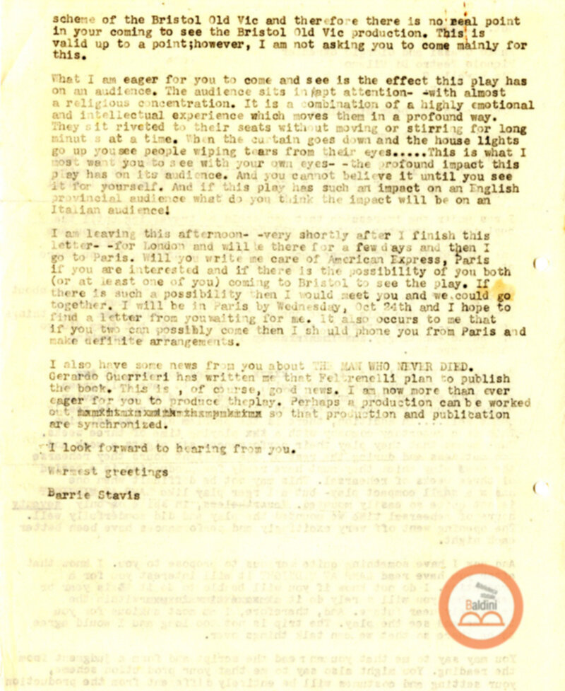 Corrispondenza di Anne d'Arbeloff e Gerardo Guerrieri con Barrie Stavis relativa allo spettacolo "Illumination of Versailles".