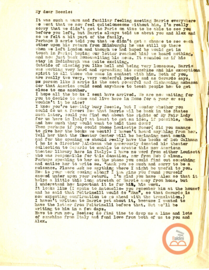 Corrispondenza di Anne d'Arbeloff e Gerardo Guerrieri con Barrie Stavis relativa allo spettacolo "Illumination of Versailles".