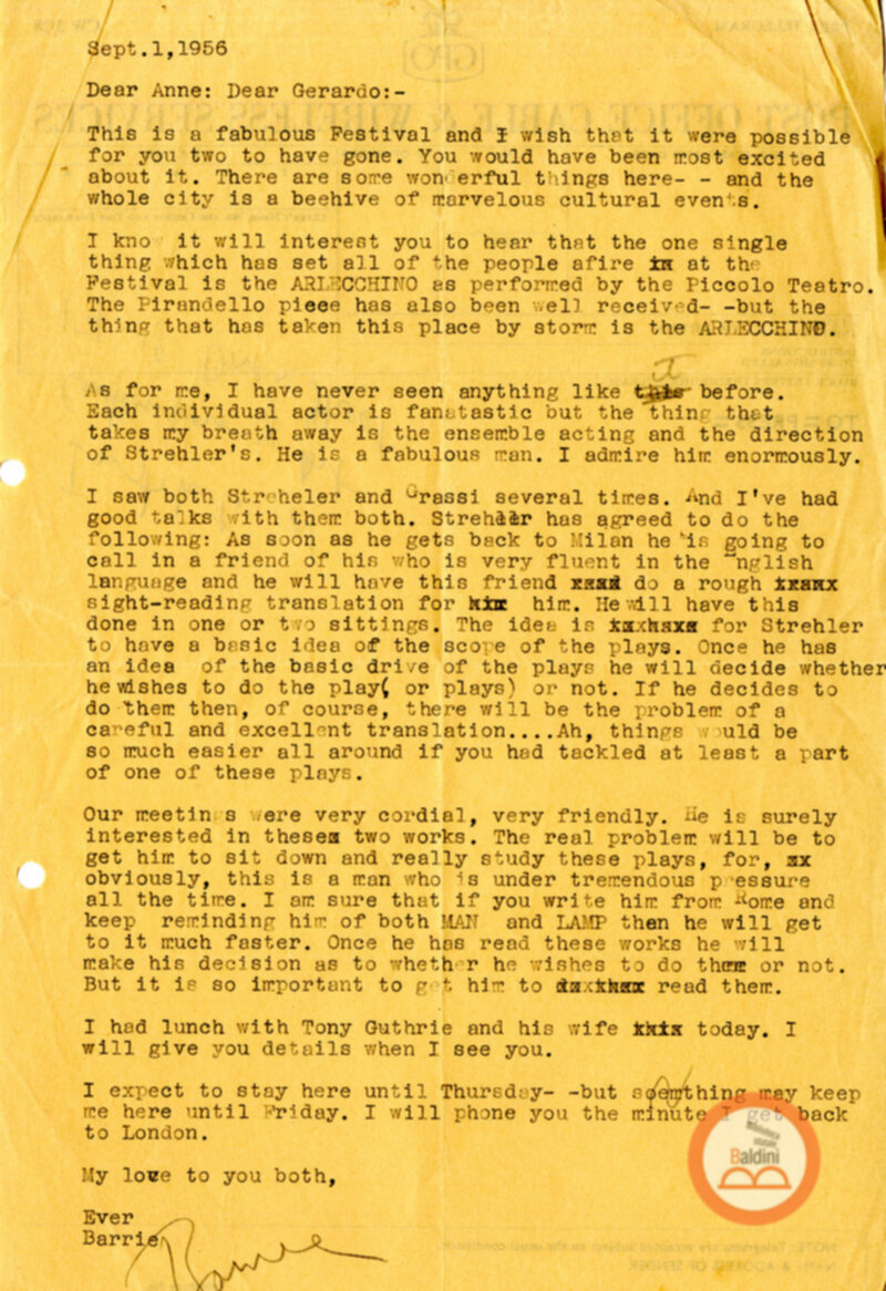 Corrispondenza di Anne d'Arbeloff e Gerardo Guerrieri con Barrie Stavis relativa allo spettacolo "Illumination of Versailles".