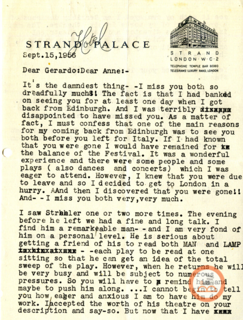 Corrispondenza di Anne d'Arbeloff e Gerardo Guerrieri con Barrie Stavis relativa allo spettacolo "Illumination of Versailles".