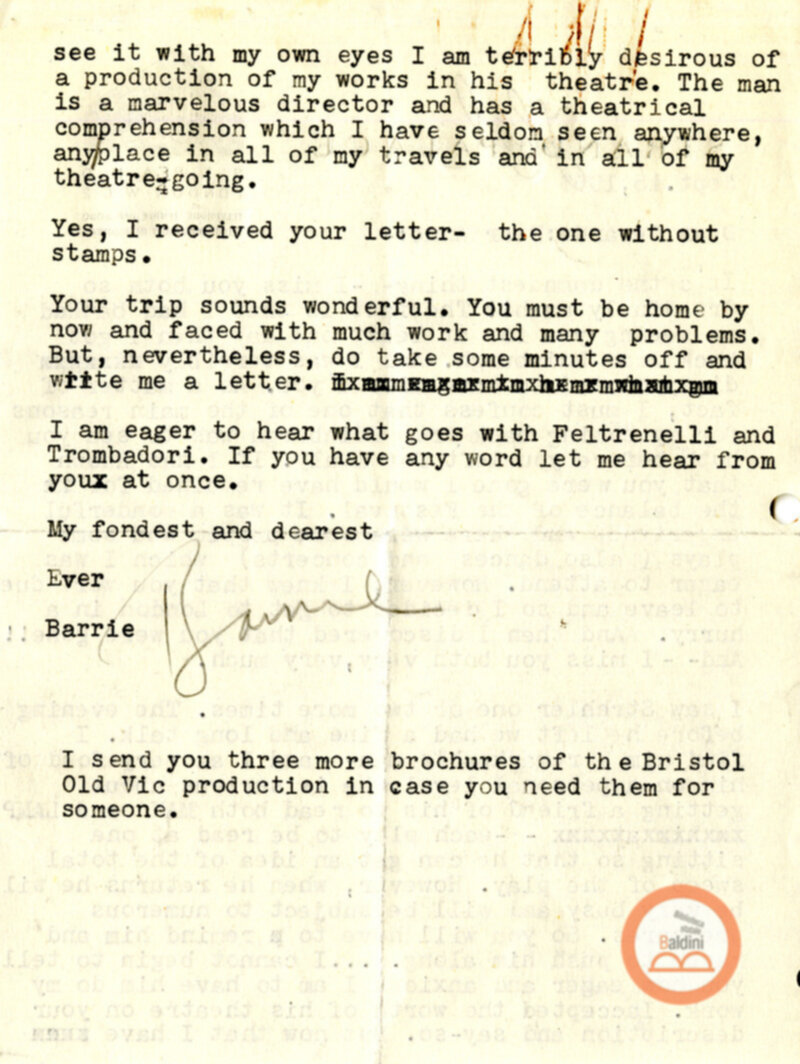 Corrispondenza di Anne d'Arbeloff e Gerardo Guerrieri con Barrie Stavis relativa allo spettacolo "Illumination of Versailles".