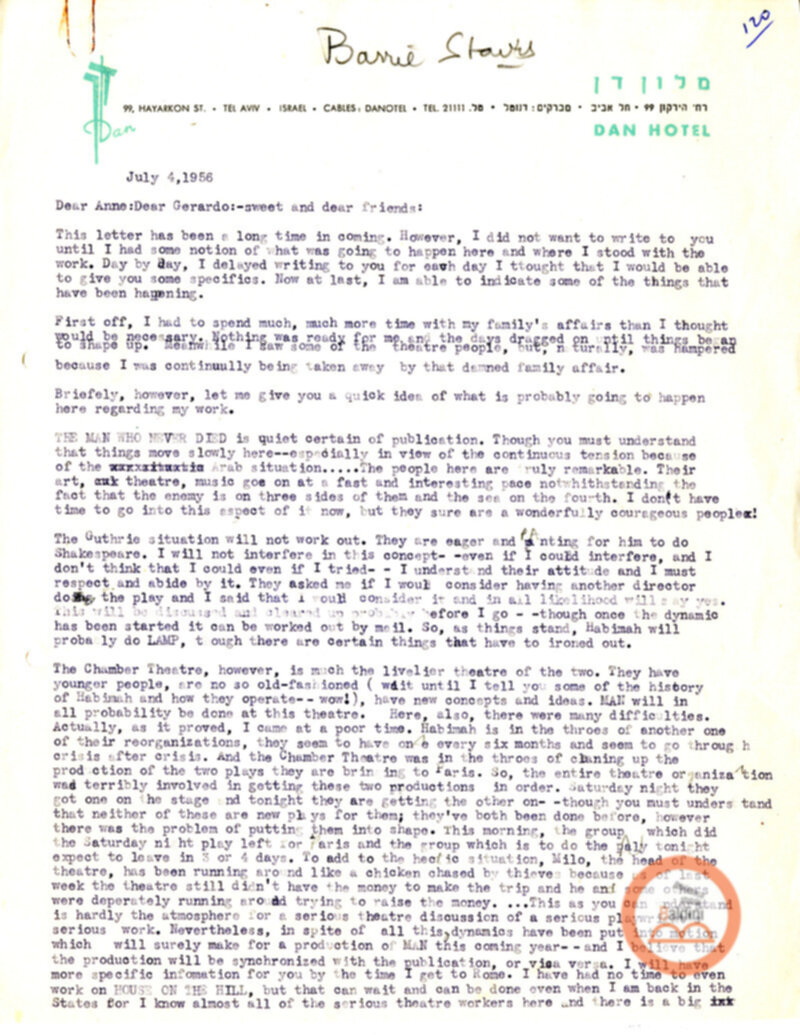 Corrispondenza di Anne d'Arbeloff e Gerardo Guerrieri con Barrie Stavis relativa allo spettacolo "Illumination of Versailles".