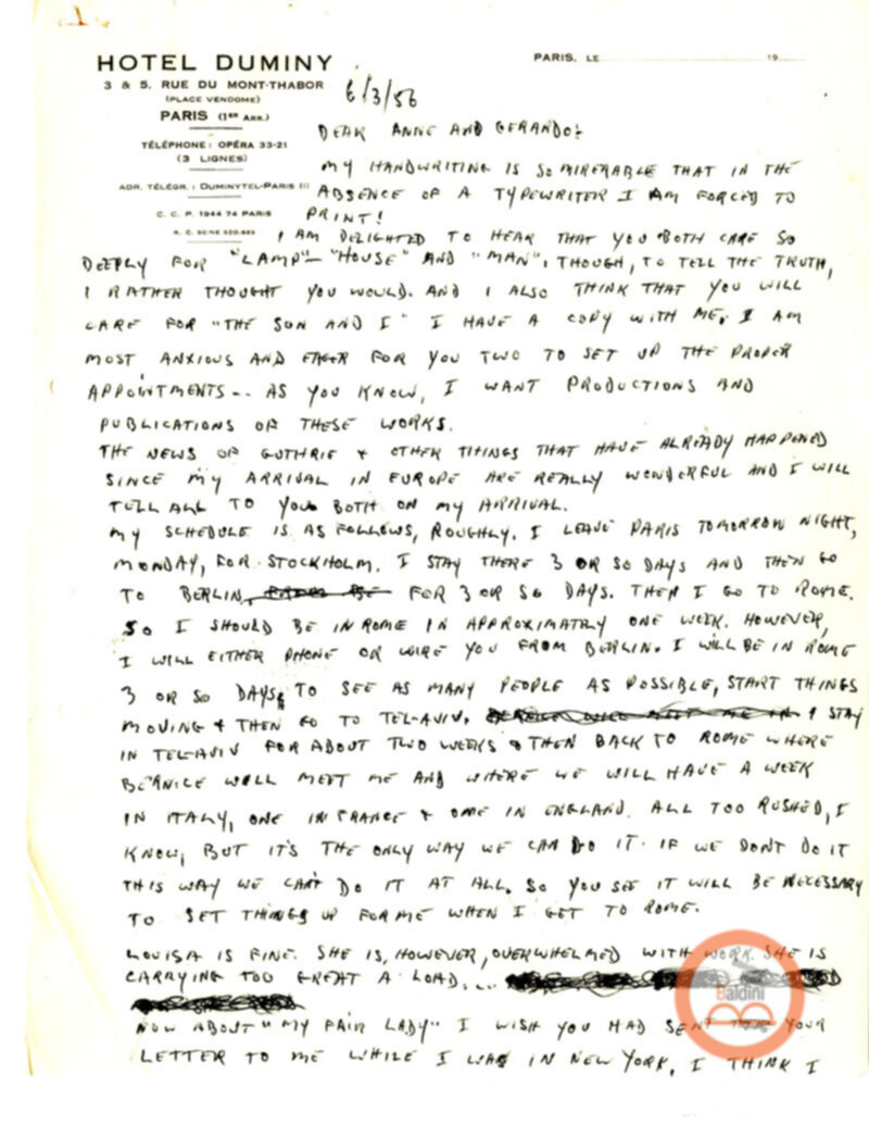 Corrispondenza di Anne d'Arbeloff e Gerardo Guerrieri con Barrie Stavis relativa allo spettacolo "Illumination of Versailles".