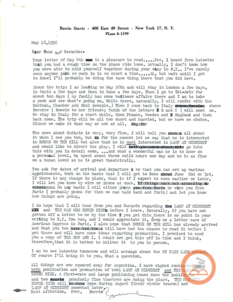 Corrispondenza di Anne d'Arbeloff e Gerardo Guerrieri con Barrie Stavis relativa allo spettacolo "Illumination of Versailles".