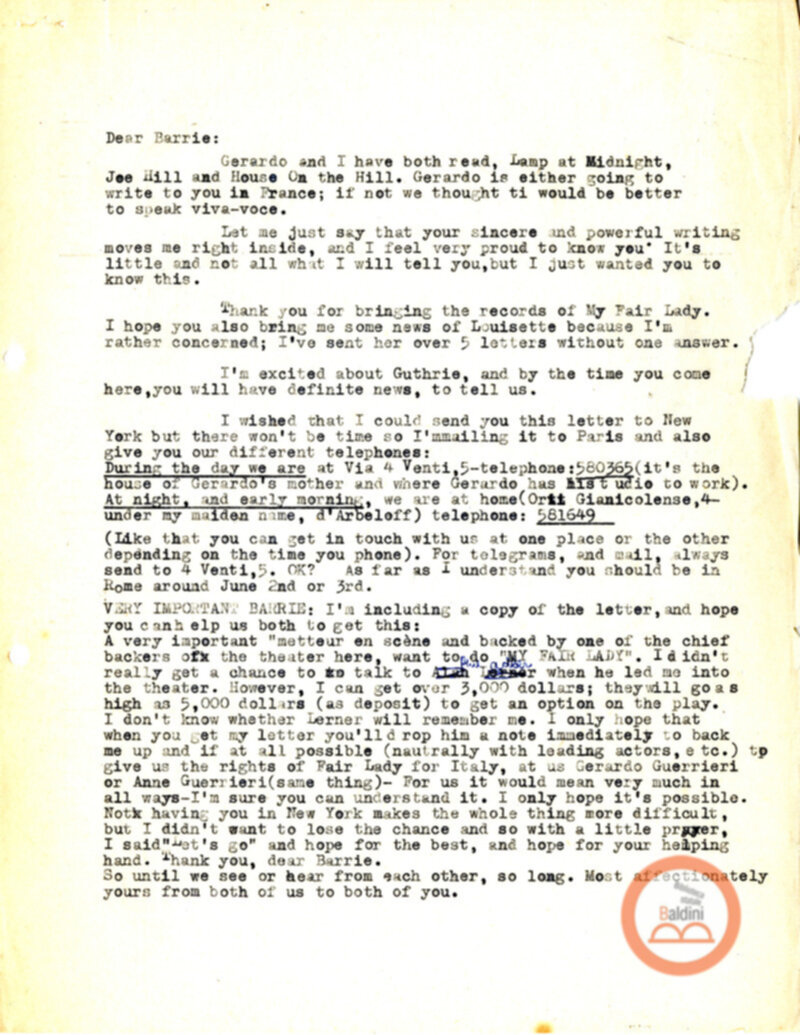 Corrispondenza di Anne d'Arbeloff e Gerardo Guerrieri con Barrie Stavis relativa allo spettacolo "Illumination of Versailles".