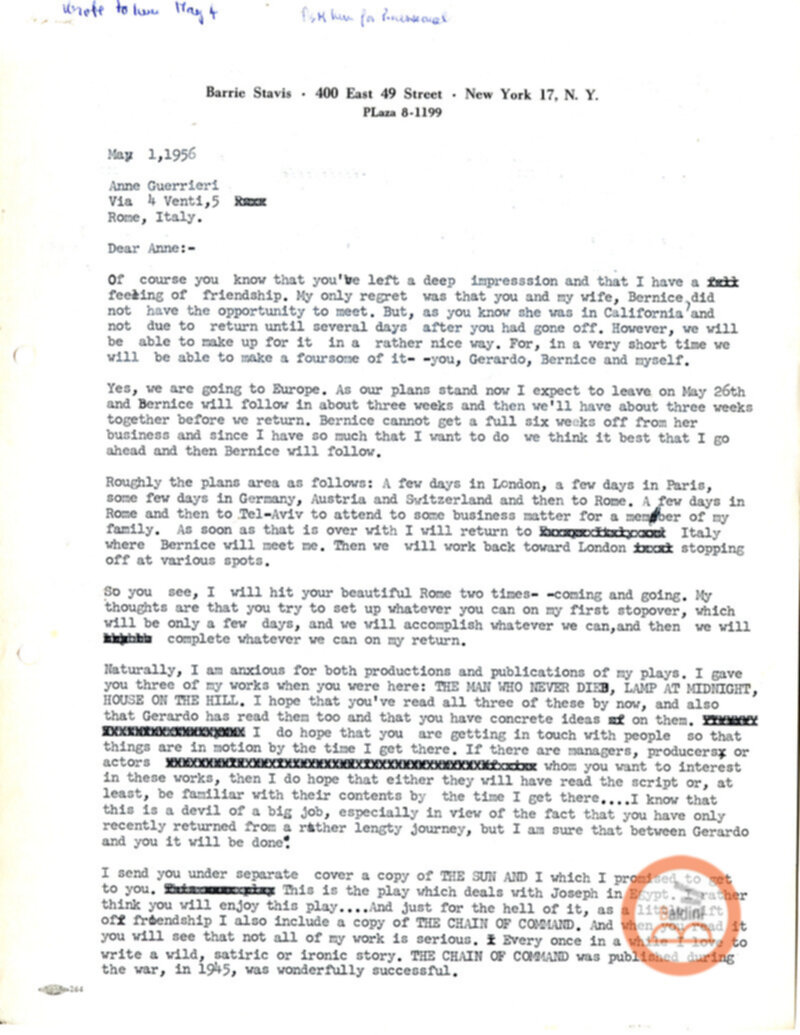 Corrispondenza di Anne d'Arbeloff e Gerardo Guerrieri con Barrie Stavis relativa allo spettacolo "Illumination of Versailles".