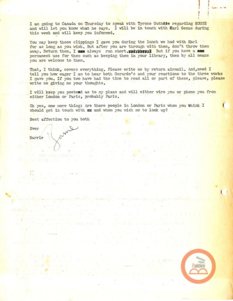 Corrispondenza di Anne d'Arbeloff e Gerardo Guerrieri con Barrie Stavis relativa allo spettacolo "Illumination of Versailles".