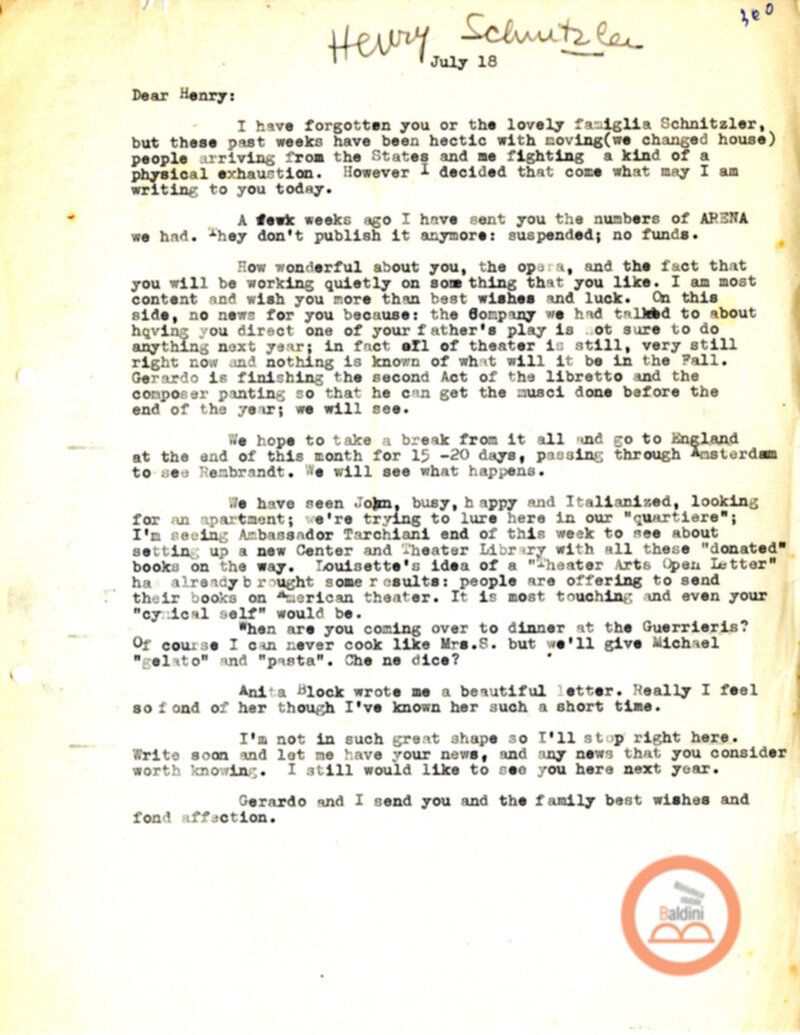 Corrispondenza con Henry Schmitzler