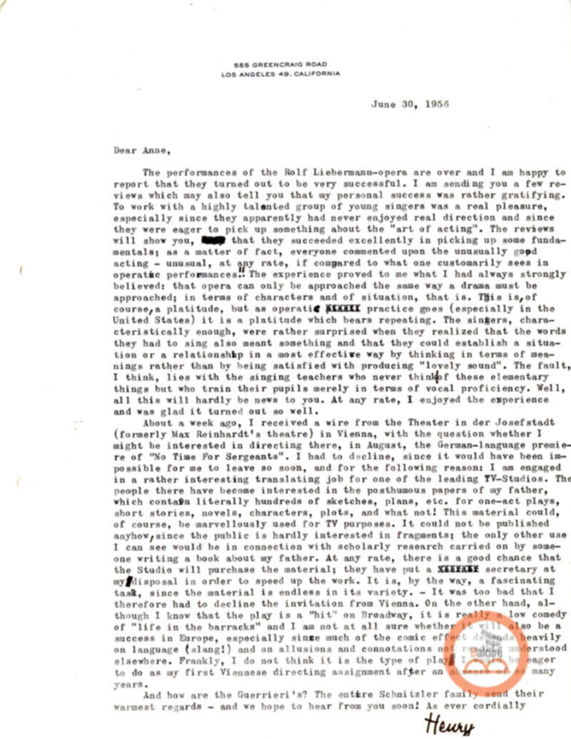 Corrispondenza con Henry Schmitzler