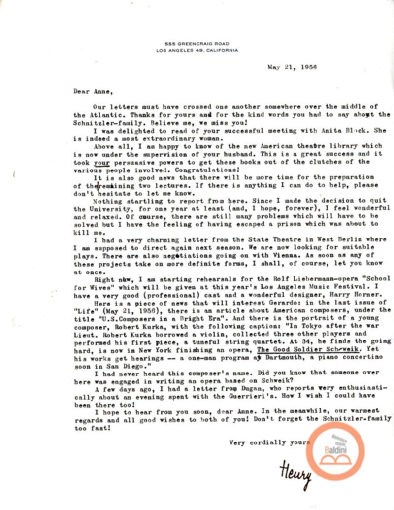 Corrispondenza con Henry Schmitzler