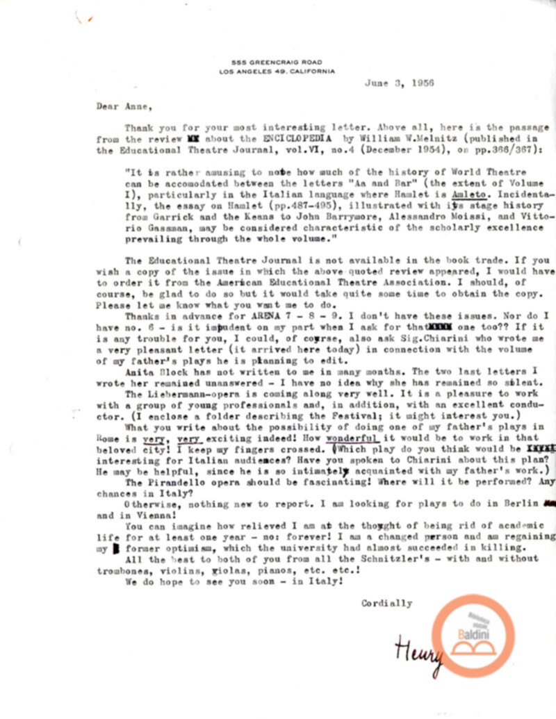 Corrispondenza con Henry Schmitzler