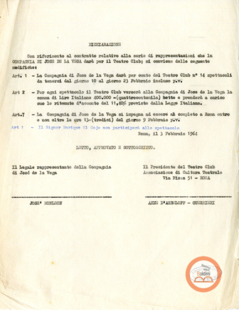 Stipula contrattuale d'Arbeloff Guerrieri - José Monleón