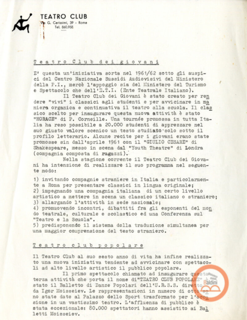Teatro Club dei giovani e Teatro Club popolare - relazione attività