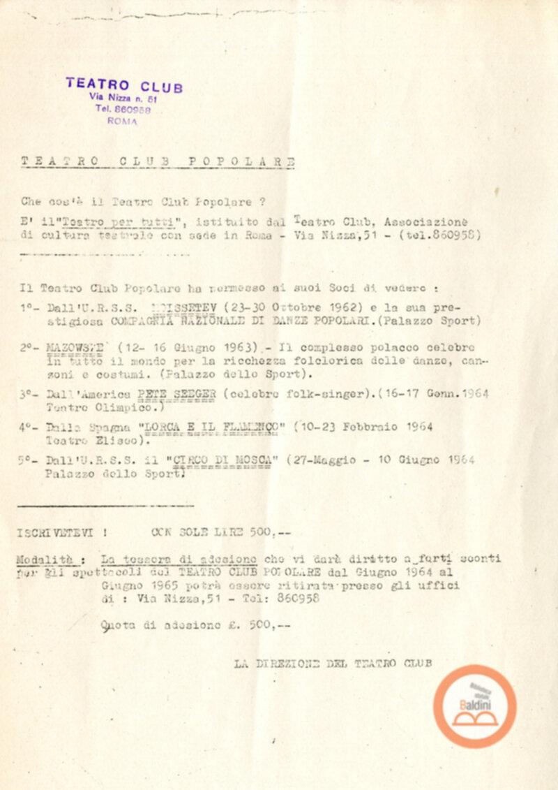 Teatro Club dei giovani e Teatro Club popolare - relazione attività