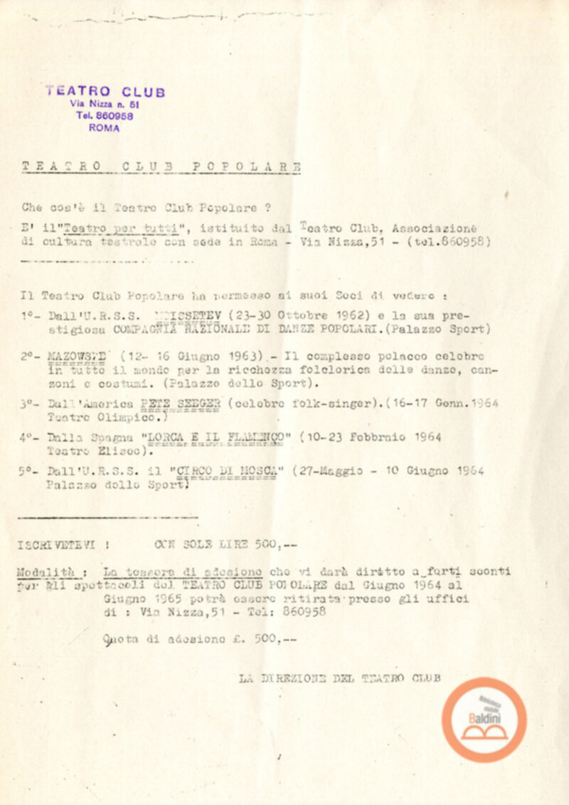 Teatro Club dei giovani e Teatro Club popolare - relazione attività