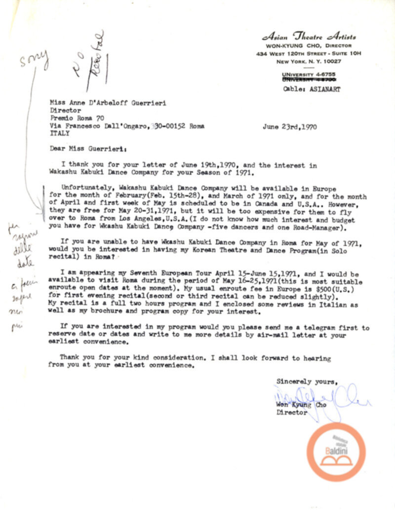 Corrispondenza tra Anne d'Arbeloff e il direttore dell'Asian Theatre Artist Won Kyung Cho relativa all'organizzazione dello spettacolo di Kabuki per la stagione 1970-1971.