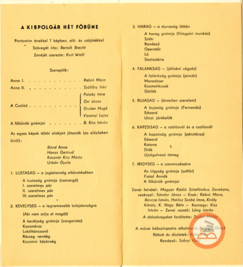 Burattini ungheresi Brecht-Weill: a hét föbün