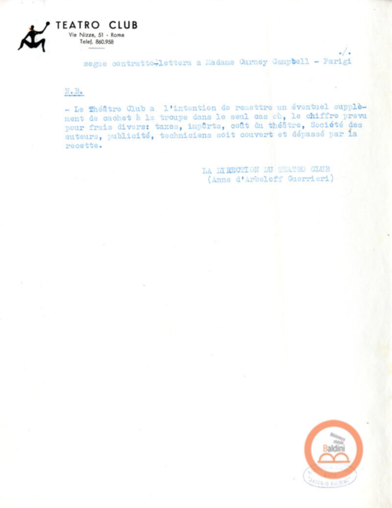 Contratto con la Compagnia del The Paris Theare Workshop e corrispondenza ad esso relativa.