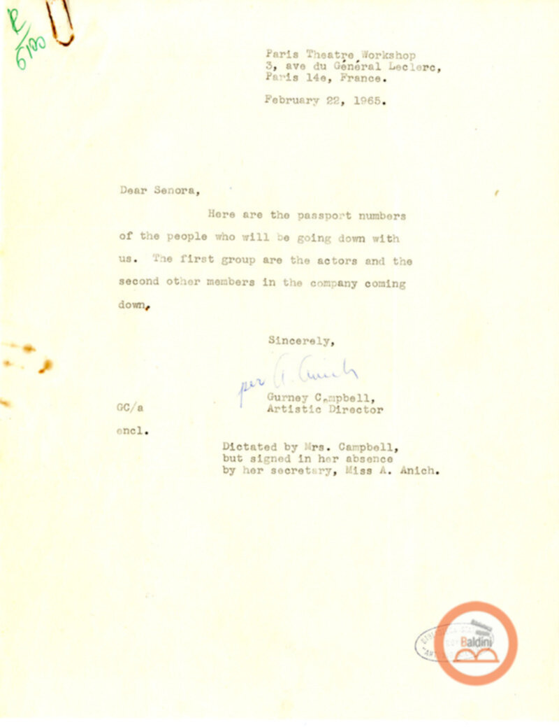 Contratto con la Compagnia del The Paris Theare Workshop e corrispondenza ad esso relativa.