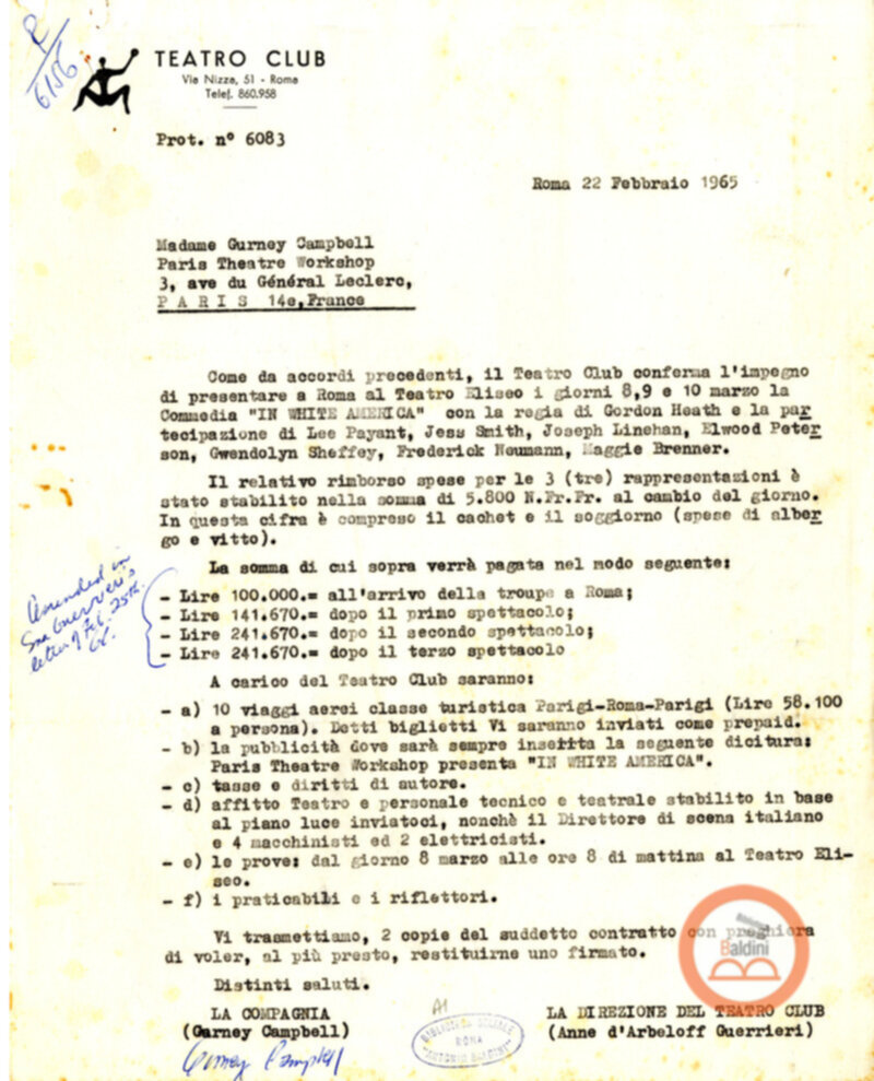 Contratto con la Compagnia del The Paris Theare Workshop e corrispondenza ad esso relativa.