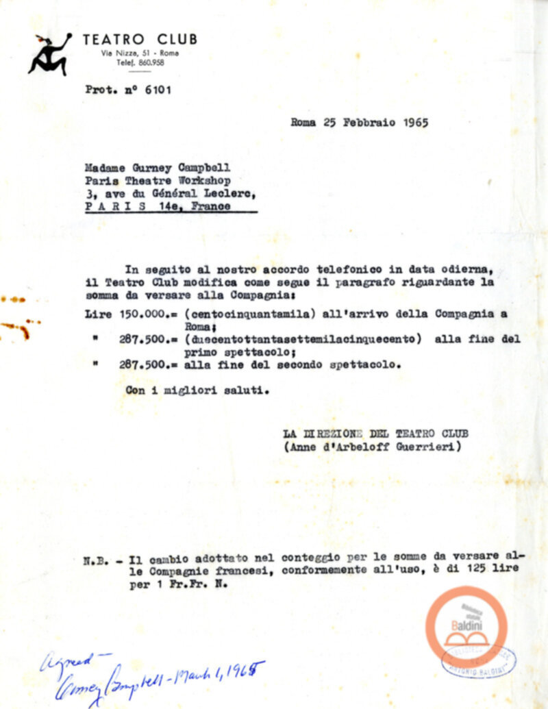 Contratto con la Compagnia del The Paris Theare Workshop e corrispondenza ad esso relativa.