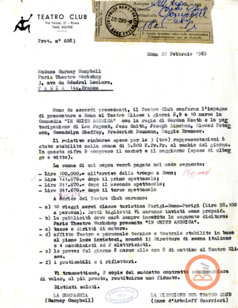 Contratto con la Compagnia del The Paris Theare Workshop e corrispondenza ad esso relativa.