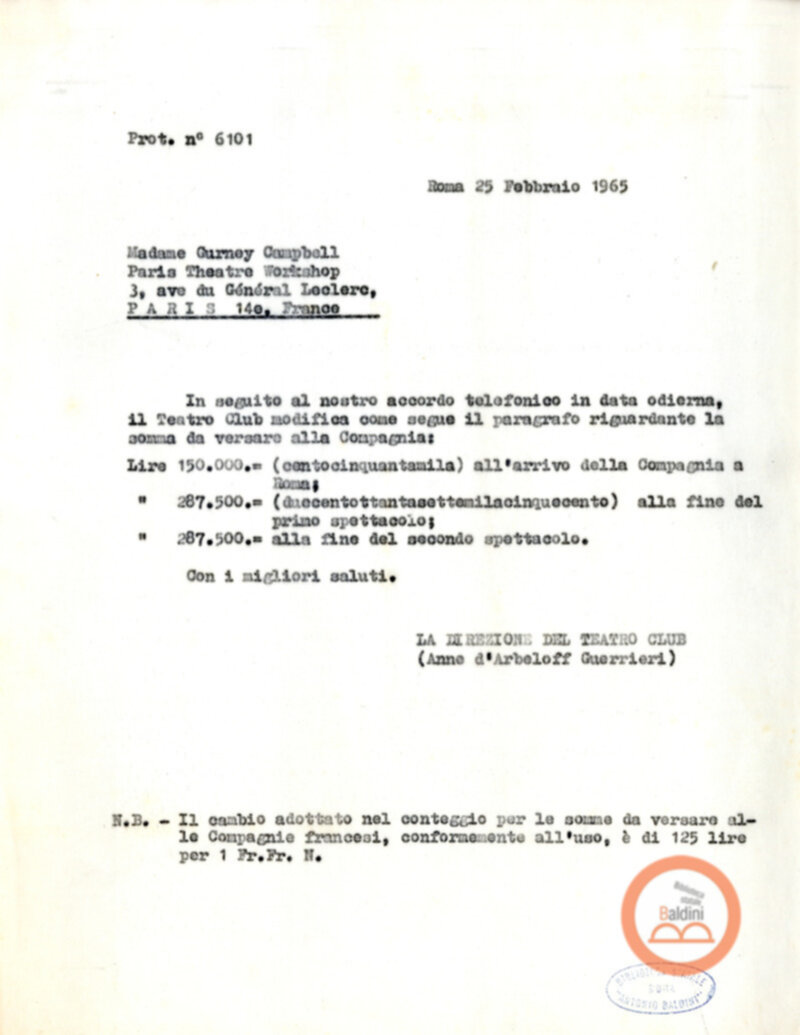 Contratto con la Compagnia del The Paris Theare Workshop e corrispondenza ad esso relativa.