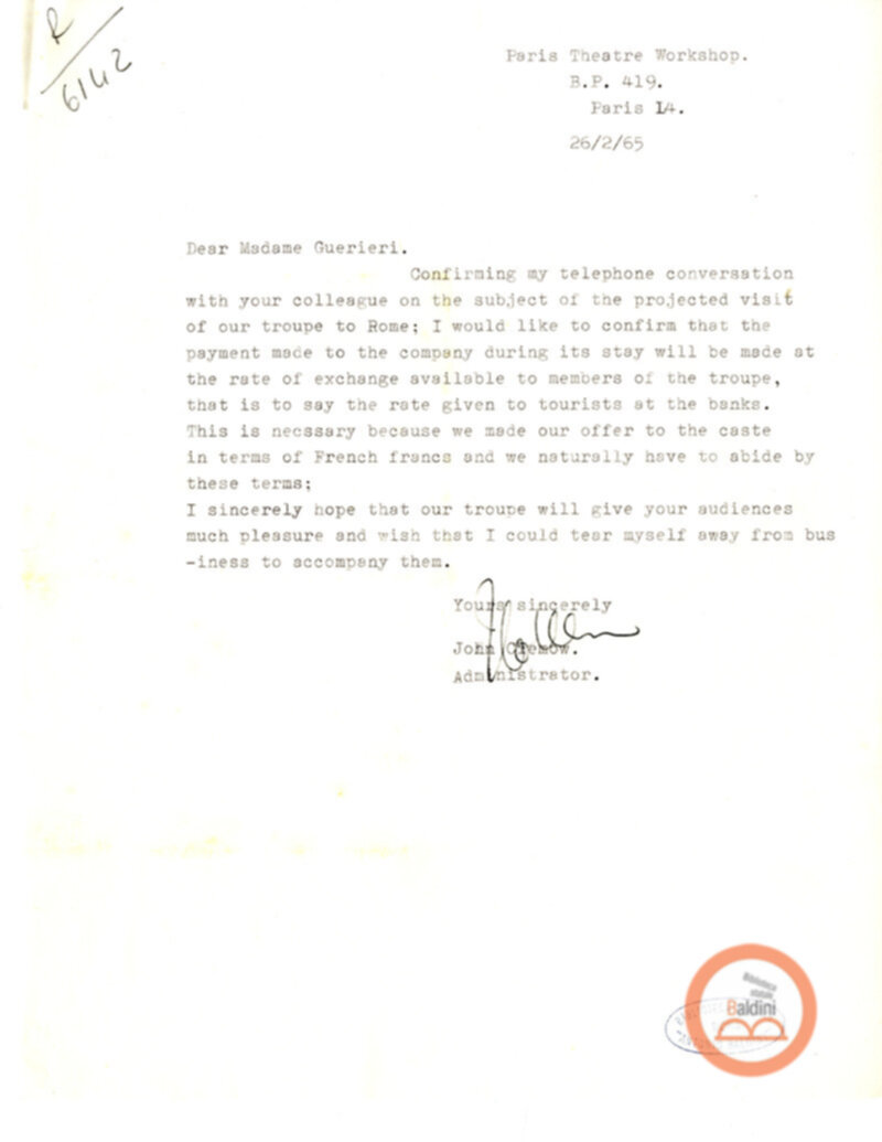 Contratto con la Compagnia del The Paris Theare Workshop e corrispondenza ad esso relativa.