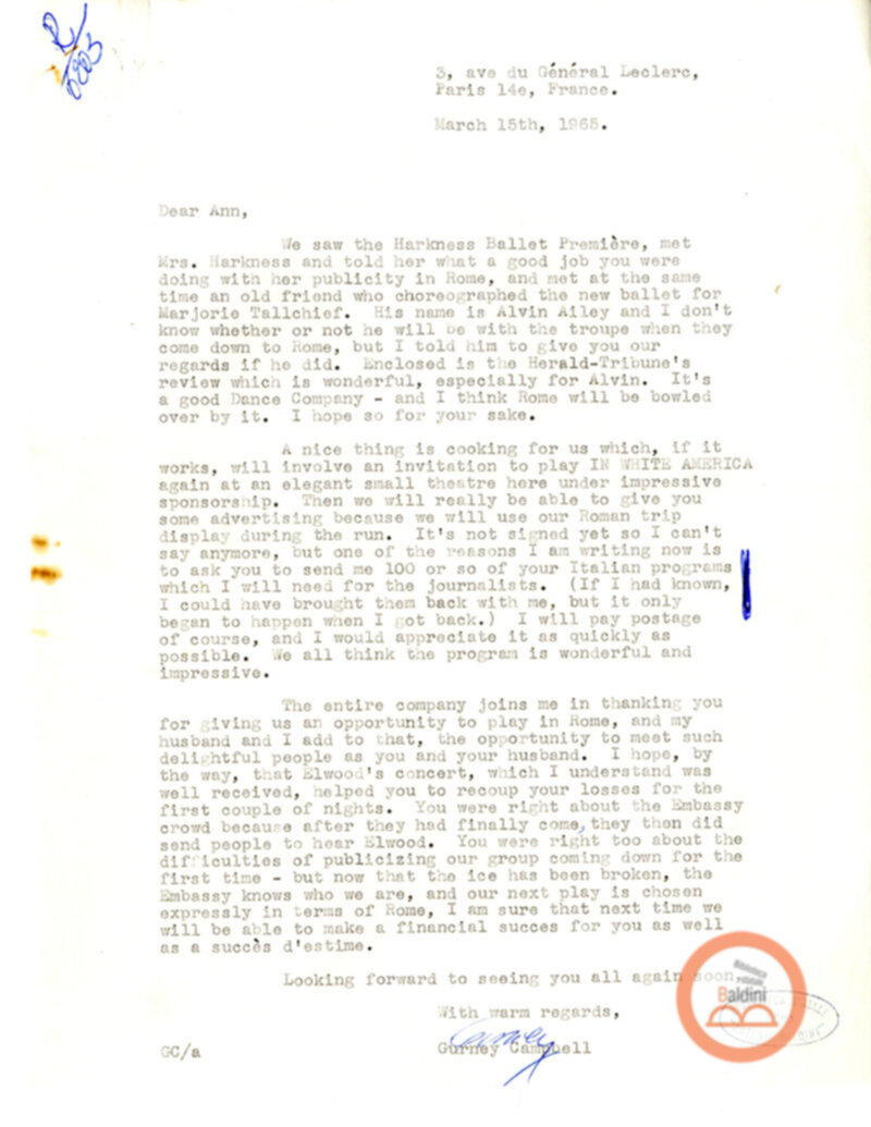 Contratto con la Compagnia del The Paris Theare Workshop e corrispondenza ad esso relativa.