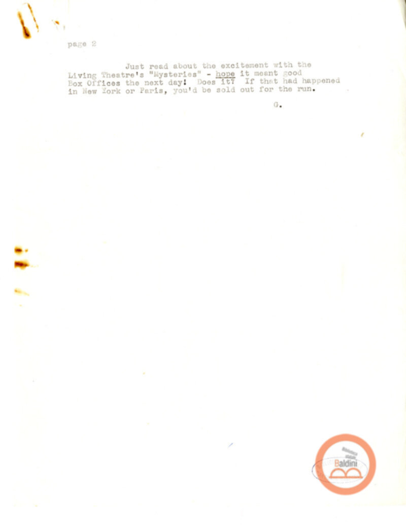 Contratto con la Compagnia del The Paris Theare Workshop e corrispondenza ad esso relativa.