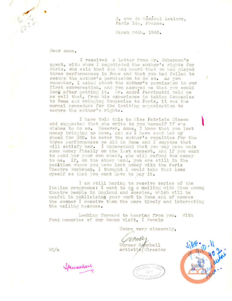 Contratto con la Compagnia del The Paris Theare Workshop e corrispondenza ad esso relativa.