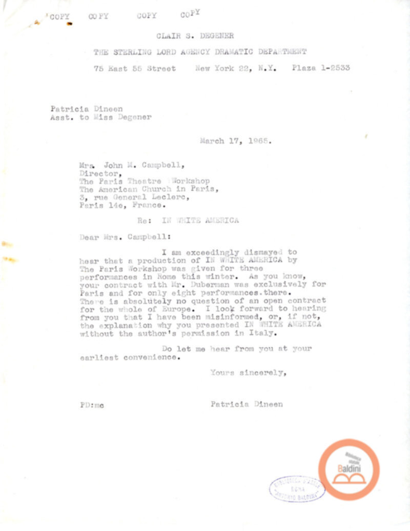 Contratto con la Compagnia del The Paris Theare Workshop e corrispondenza ad esso relativa.