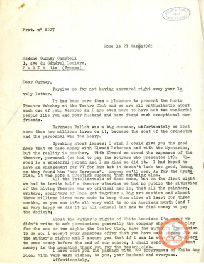 Contratto con la Compagnia del The Paris Theare Workshop e corrispondenza ad esso relativa.