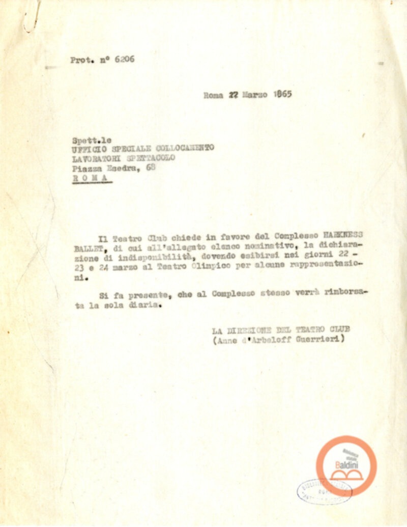 Lettera all'Ufficio speciale di collocamento per i lavoratori dello spettacolo