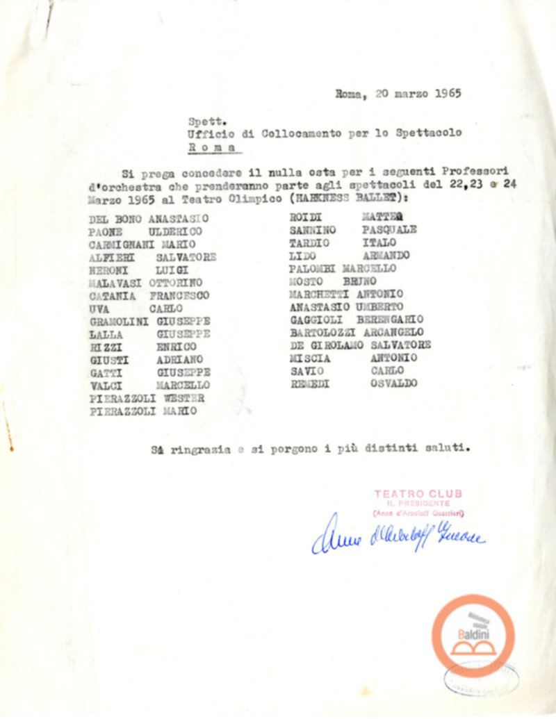 Lettera all'Ufficio speciale di collocamento per i lavoratori dello spettacolo