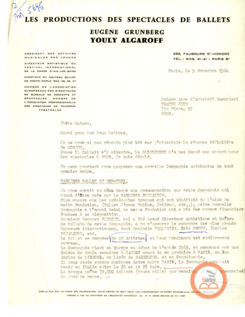 Collaborazioni con Compagnia del Balletto Kierdi Mosca/Compagnia dell'"Harkness Ballet