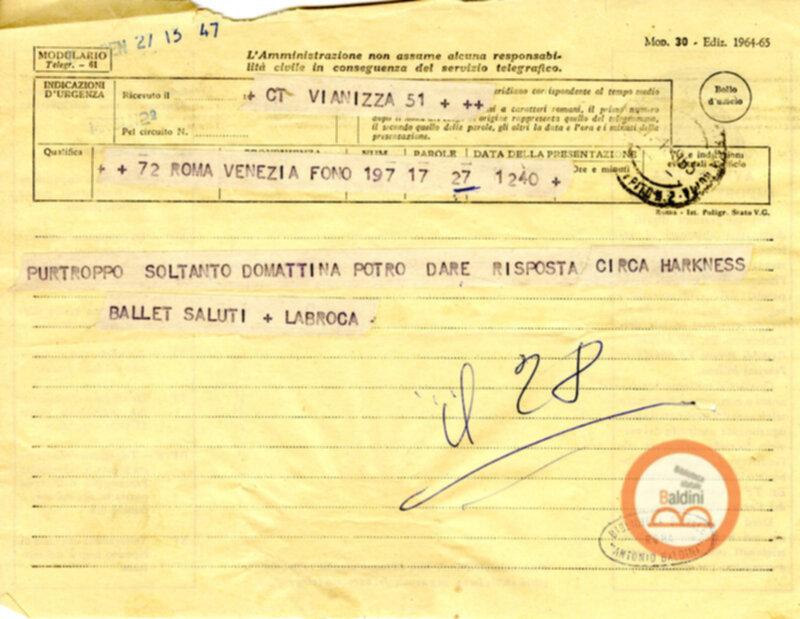 Corrispondenza di Anne d'Arbeloff con Mario Labroca, allora direttore del teatro La Fenice di Venezia circa l'impossibilità dello stesso di ospitare la rappresentazione dell'Harkness Ballet.