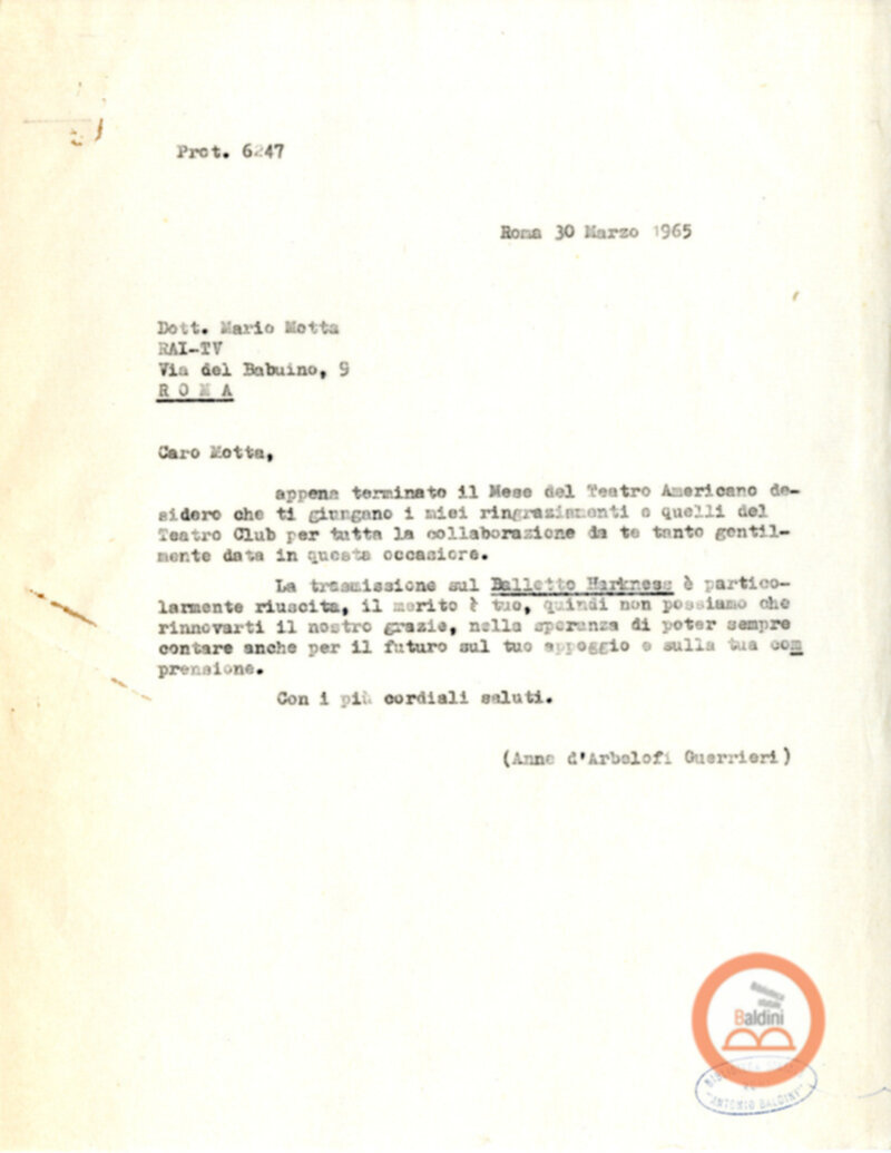 Harkness Ballet - lettere di ringraziamento