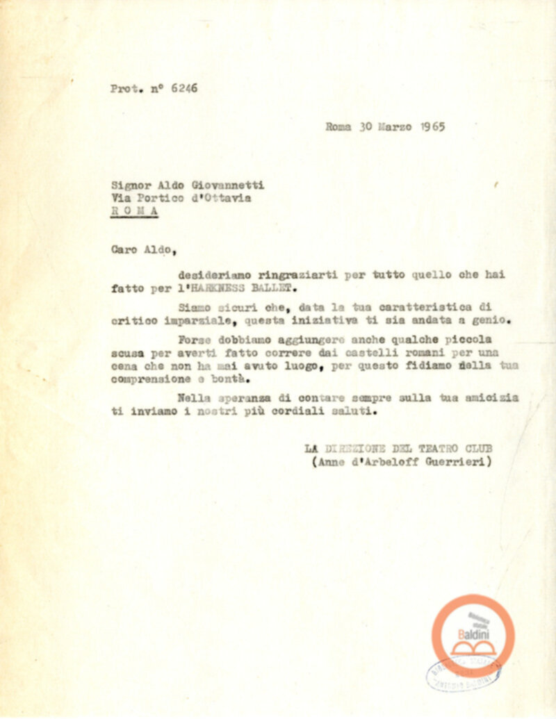 Harkness Ballet - lettere di ringraziamento