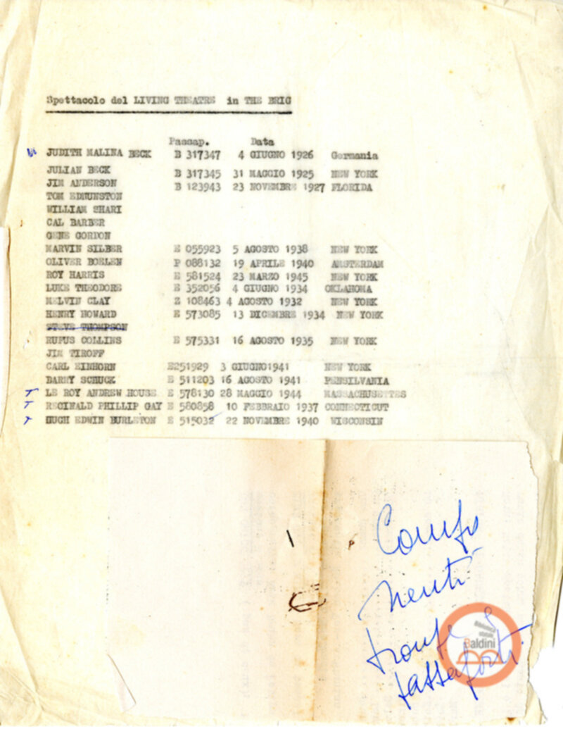 Richiesta (minuta) di regolare autorizzazione inviata da Anne d'Arbeloff Guerrieri al Servizio stranieri del Ministero degli affari esteri in occasione della rappresentazione dello spettacolo "The Brig" ad opera del Living Theatre con allegato l'elenco dei componenti della troupe e dei relativi numeri di passaporto.