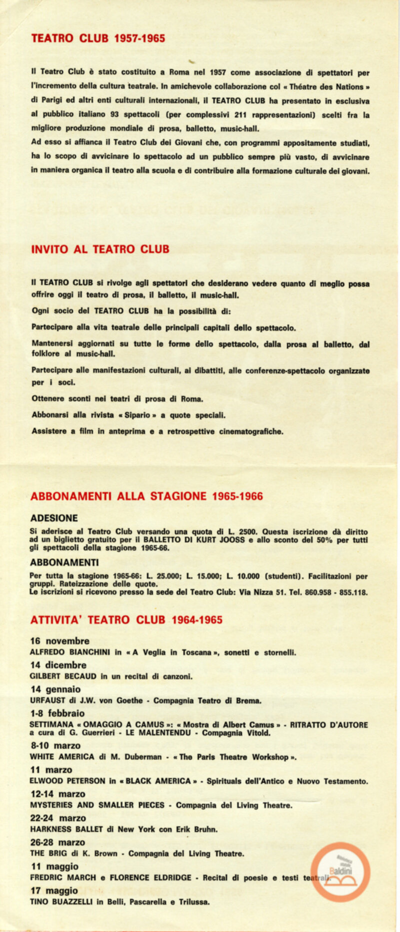 Stagione 1965-1966 - Teatro Club, al Teatro Club dei giovani e al Teatro Club popolare.