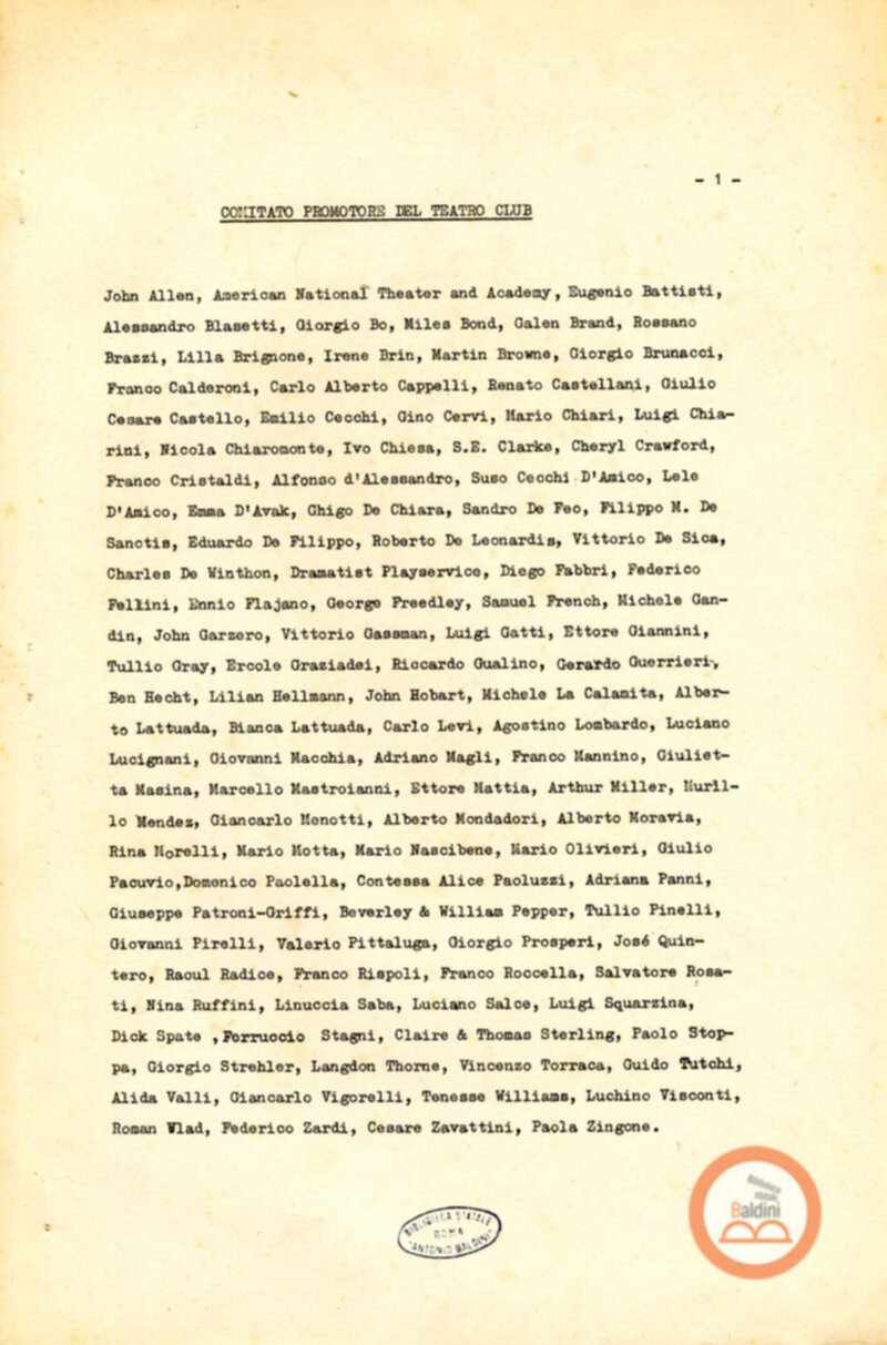 Attività del Teatro Club-anno 1957-1966