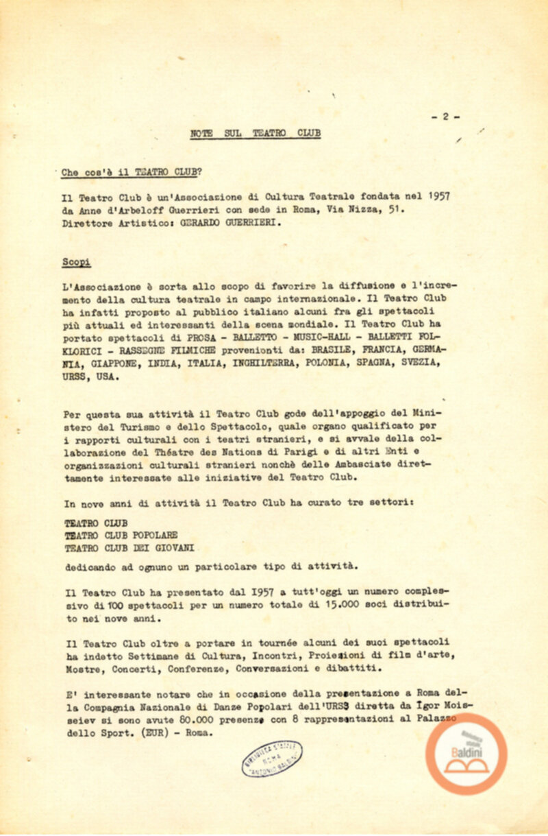 Attività del Teatro Club-anno 1957-1966