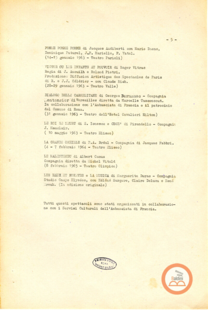 Attività del Teatro Club-anno 1957-1966