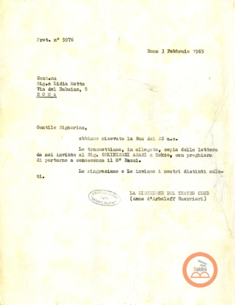 Corrispondenza tra Anne d'Arbeloff e Lidia Motta circa la possibilità si mettere in scena spettacoli di Noh in Italia.