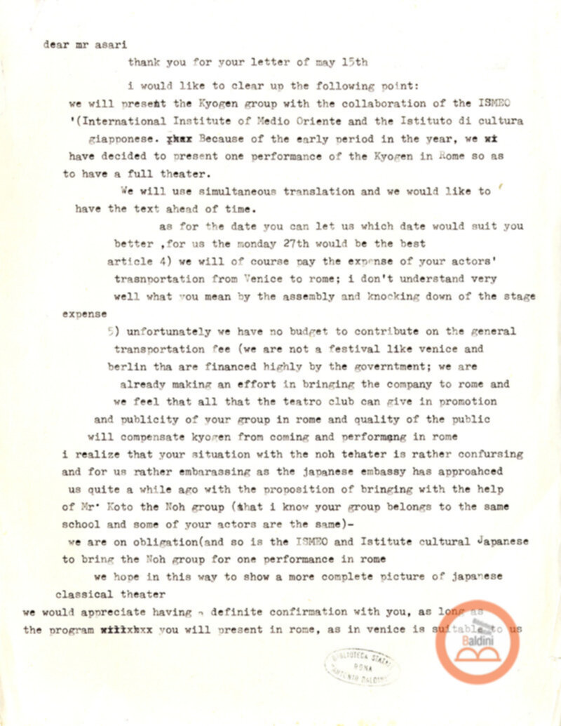 Corrispondenza tra Anne d'Arbeloff e Lidia Motta circa la possibilità si mettere in scena spettacoli di Noh in Italia.